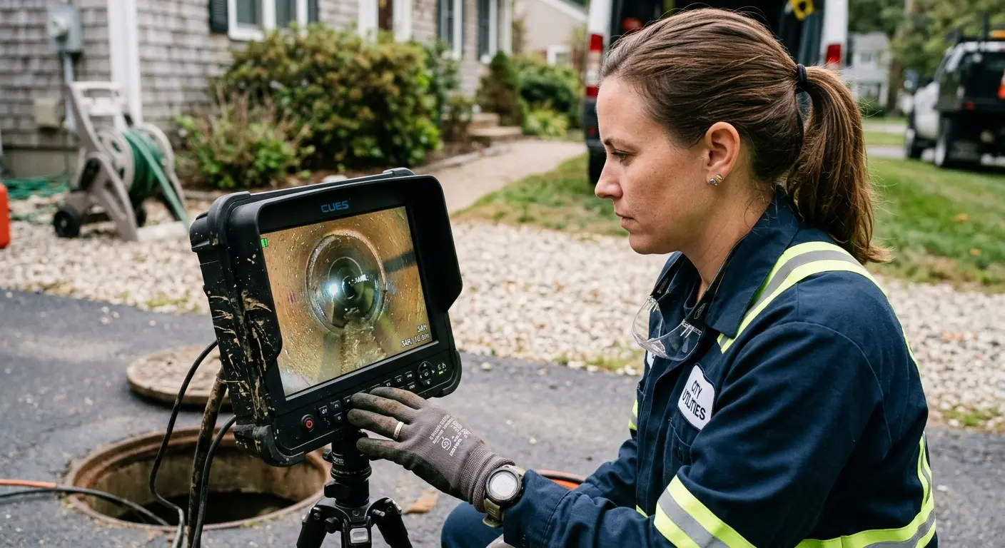 Technician reviewing sewer camera inspection footage in Fruitland