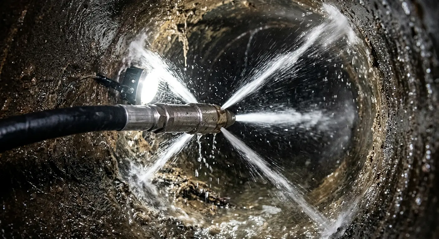High-pressure hydro jetting nozzle cleaning sewer pipe for Sewer Line Relining in Fruitland