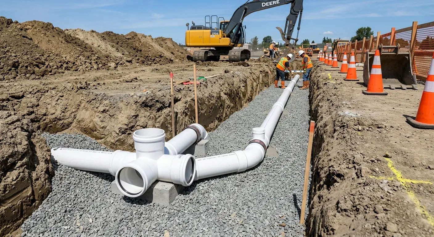 New PVC sewer pipe installation in open trench for Sewer Backup in Fruitland